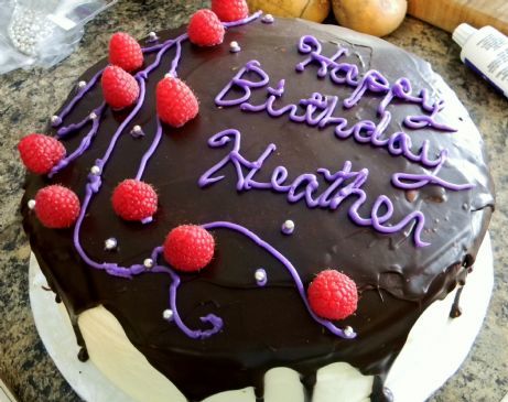 French Vanilla Butter Cake with Raspberry Filling Vanilla Buttercream Frosting and Bittersweet Ganache