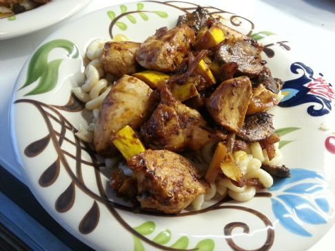 Chicken with veggies over brown rice pasta