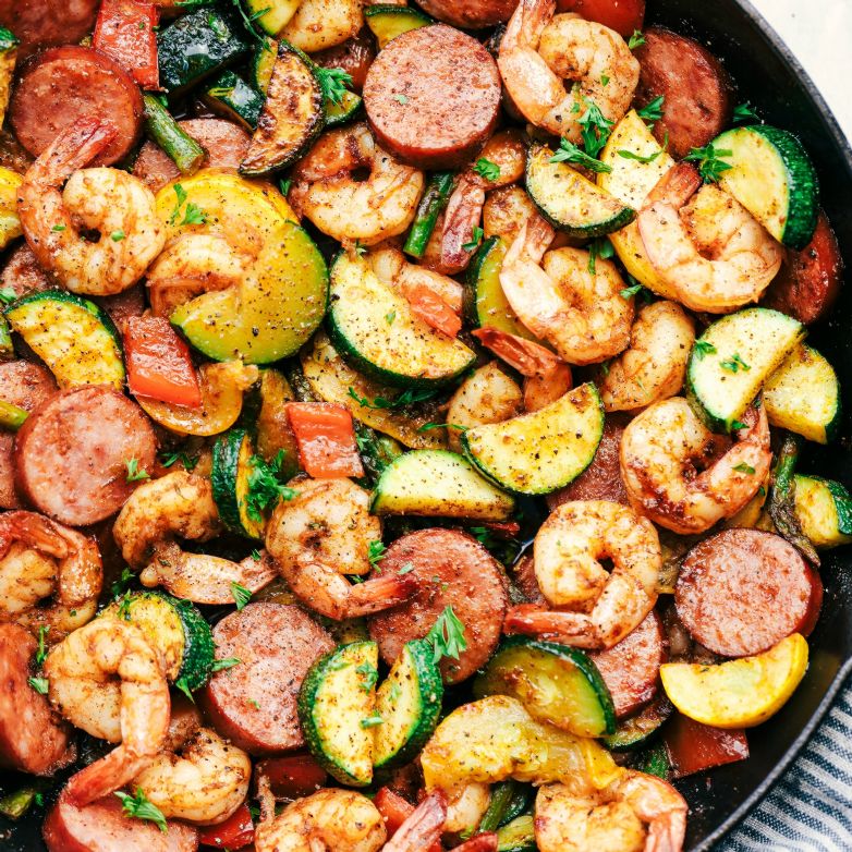 KETO - Shrimp and Sausage Vegetable Skillet Recipe | SparkRecipes