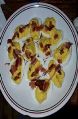 Deviled eggs ( whip miracle whip, mustard, relish and bacon)