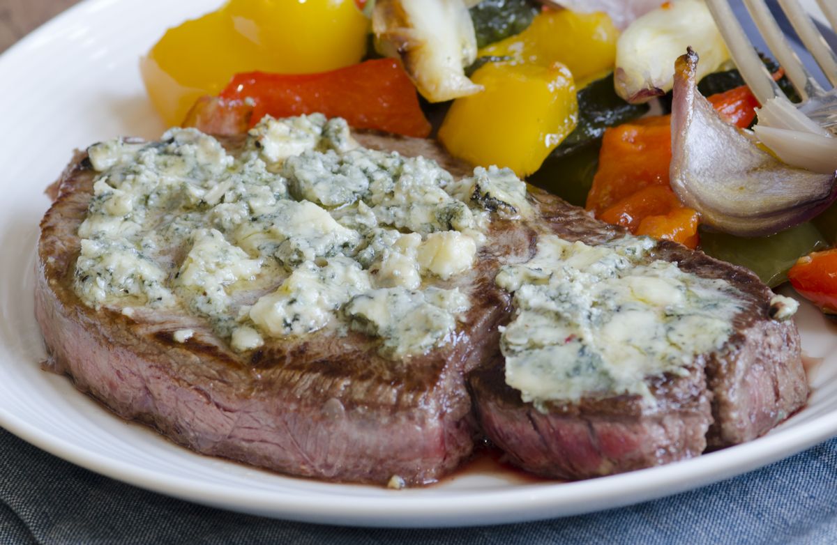 Peppercorn Steak with Herbed Blue Cheese 