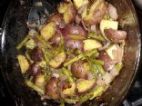 Roasted green beans and potato with leeks