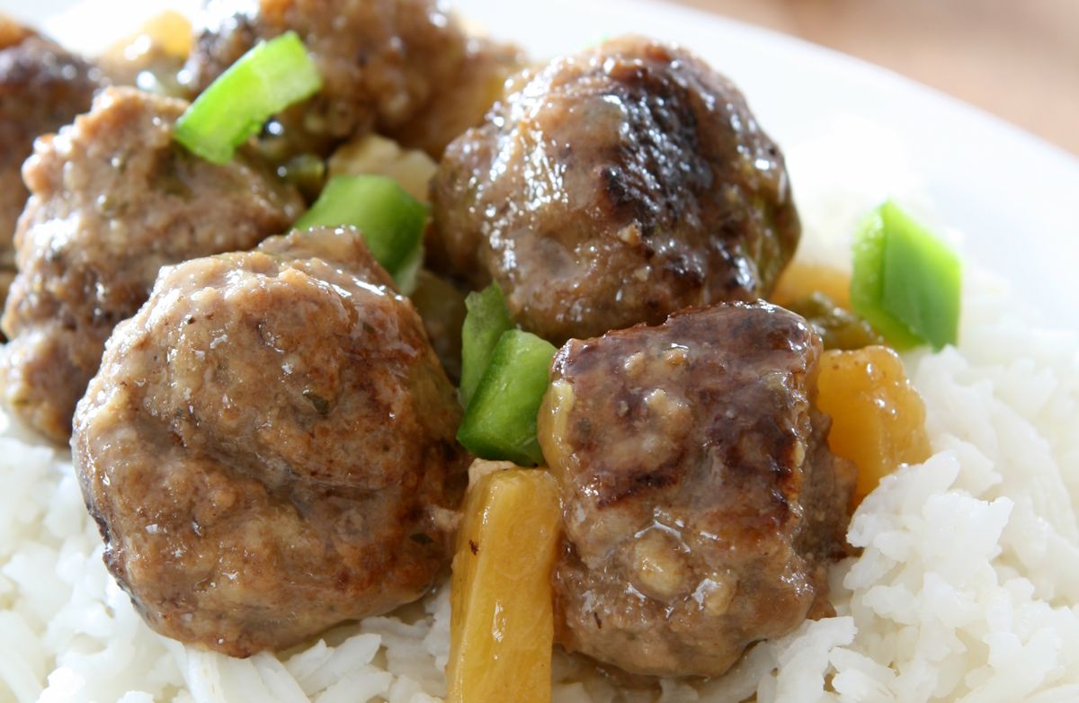 Sweet and Sour Meatballs Over Rice Recipe | SparkRecipes