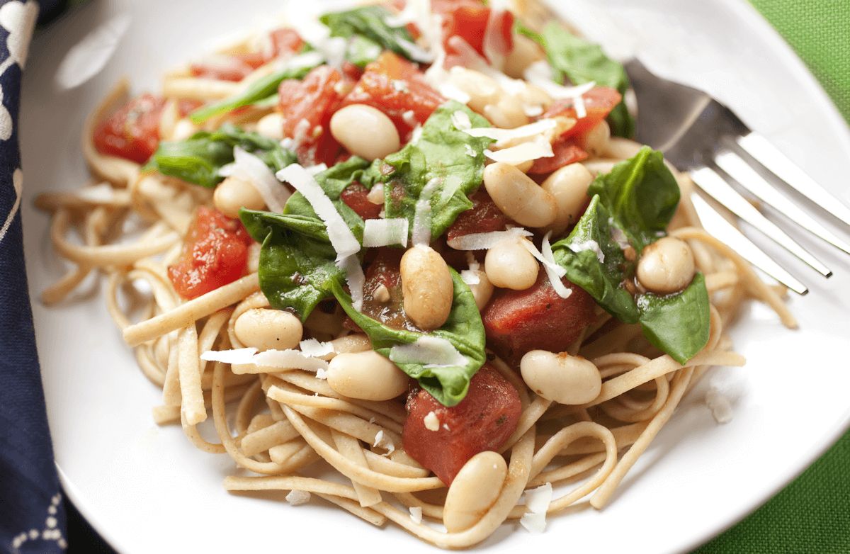 White Beans, Spinach and Tomatoes over Linguine