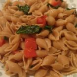 Whole Grain Shells with Kale, Spinach, and Tomato in a Garlic Vegan Butter Sauce