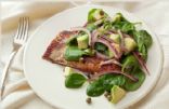 Seared Salmon with Avocado, Onion, and Fresh Spinach Relish