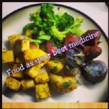 Turmeric Tofu with medley potatoes and broccoli